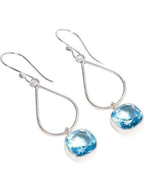Sky Blue Topaz Cushion Cut Natural Gemstone Dangle Earrings 10x10mm 925 Silver